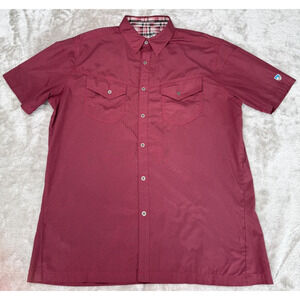Kuhl Eluxur Red Black Mini Houndstooth Printed Short Sleeve Shirt Mens Size L